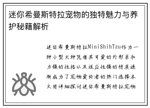 迷你希曼斯特拉宠物的独特魅力与养护秘籍解析