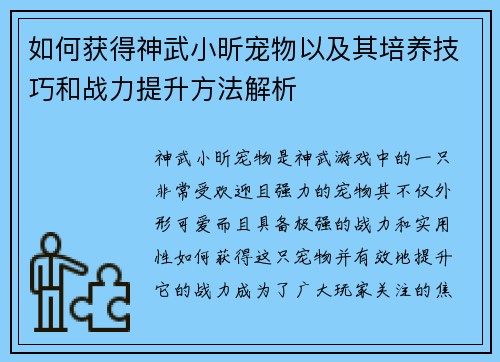 如何获得神武小昕宠物以及其培养技巧和战力提升方法解析